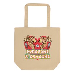 An image of a tote bag with a pixelated heart and dragon design.