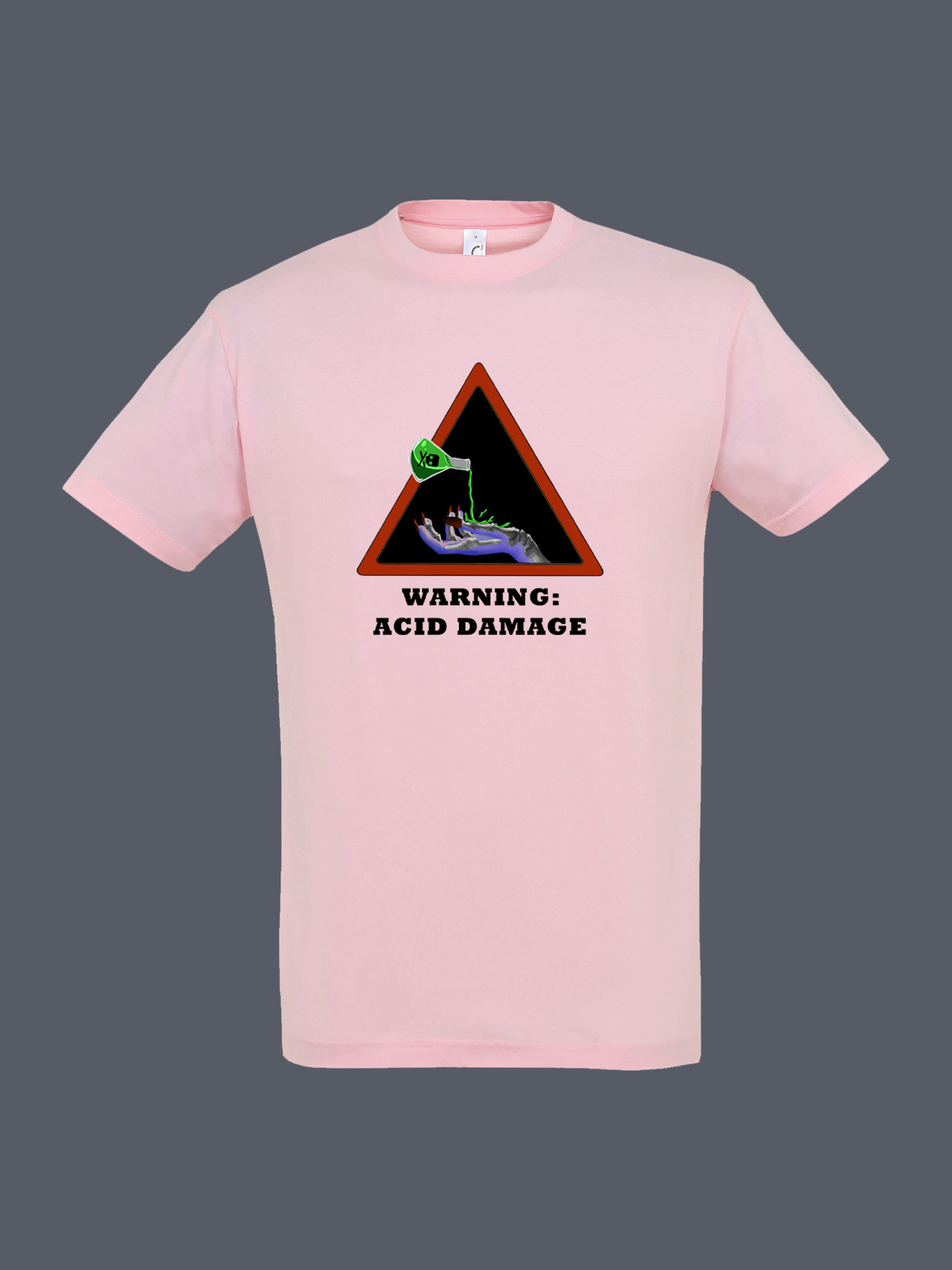 A light pink T-shirt with a triangular warning sign showing a hand dissolving in acid, with the text "WARNING: ACID DAMAGE