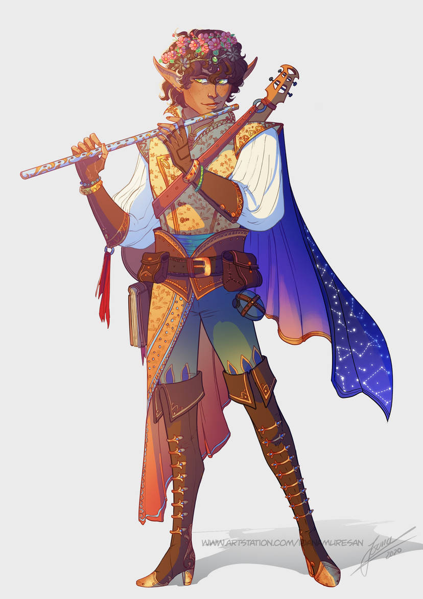 An eladrin elf bard stands gracefully, playing a flute.