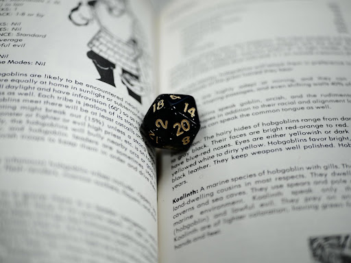 dice inside a DND rule book